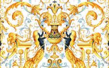 Ilian Rachov for Versace. Baroque Marmaids. Created in 2005. Inspired from the tapestry of The King Sun Louix XIV in Louvre. Used in Versace Home Collections 2006/2007/2008/2009/2010/2011/2012/2013/2014 for cushions, ties, bedspreads, scarves and other objects.