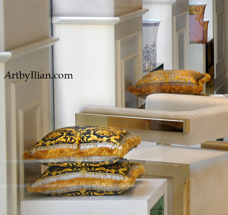 VERSACE HOME 23.02.2014. Via Borgospeso Milan. The cuscions with pattern design created by Ilian Rachov for Versace in 2004.